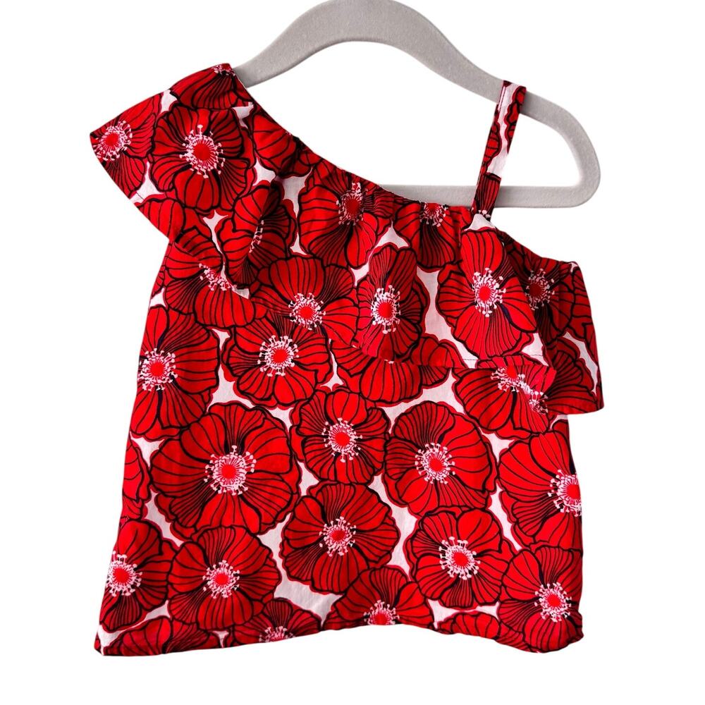 Janie and Jack Girls Poppy Top Size 4 Red Floral One Shoulder Cotton Blouse